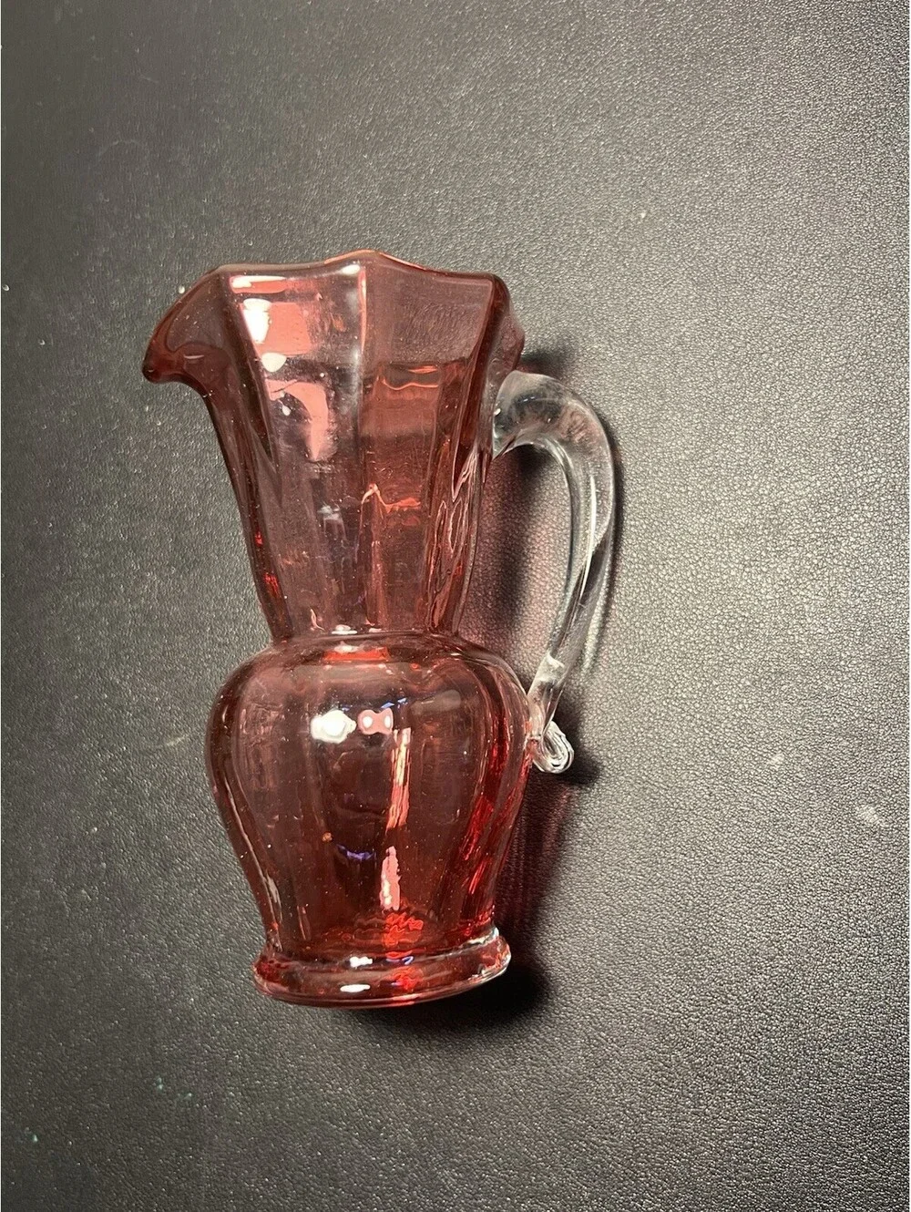 Pilgrim Glass 1970s Pitcher Hand-Blown Cranberry Glass Clear Handle, 3x5.5”